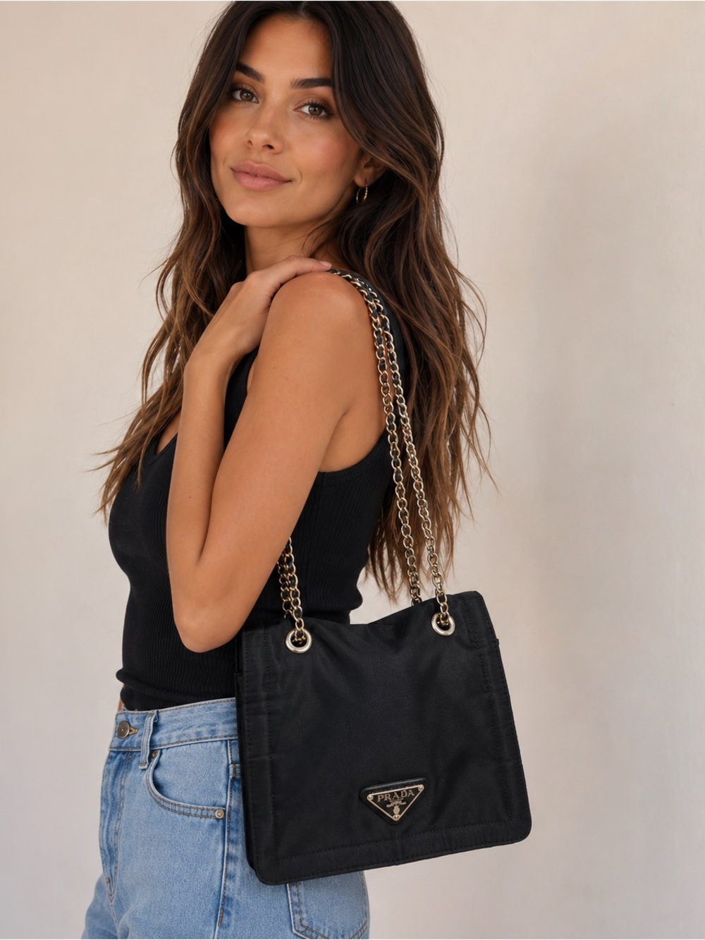 Prada Black Nylon Shoulder Bag with Gold Chain Straps